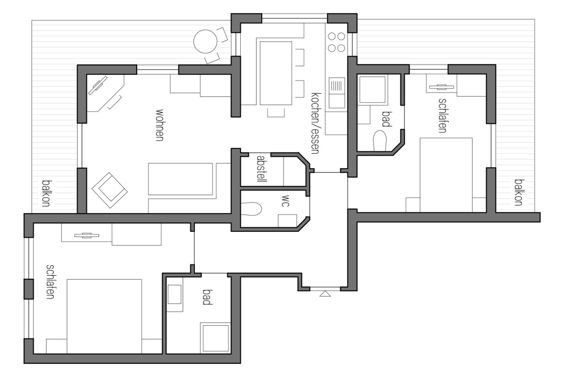 Grundriss von Appartement 3 mit zwei Schlafzimmern, Wohnzimmer, Küche, zwei Badezimmern, separatem WC und zwei Balkonen