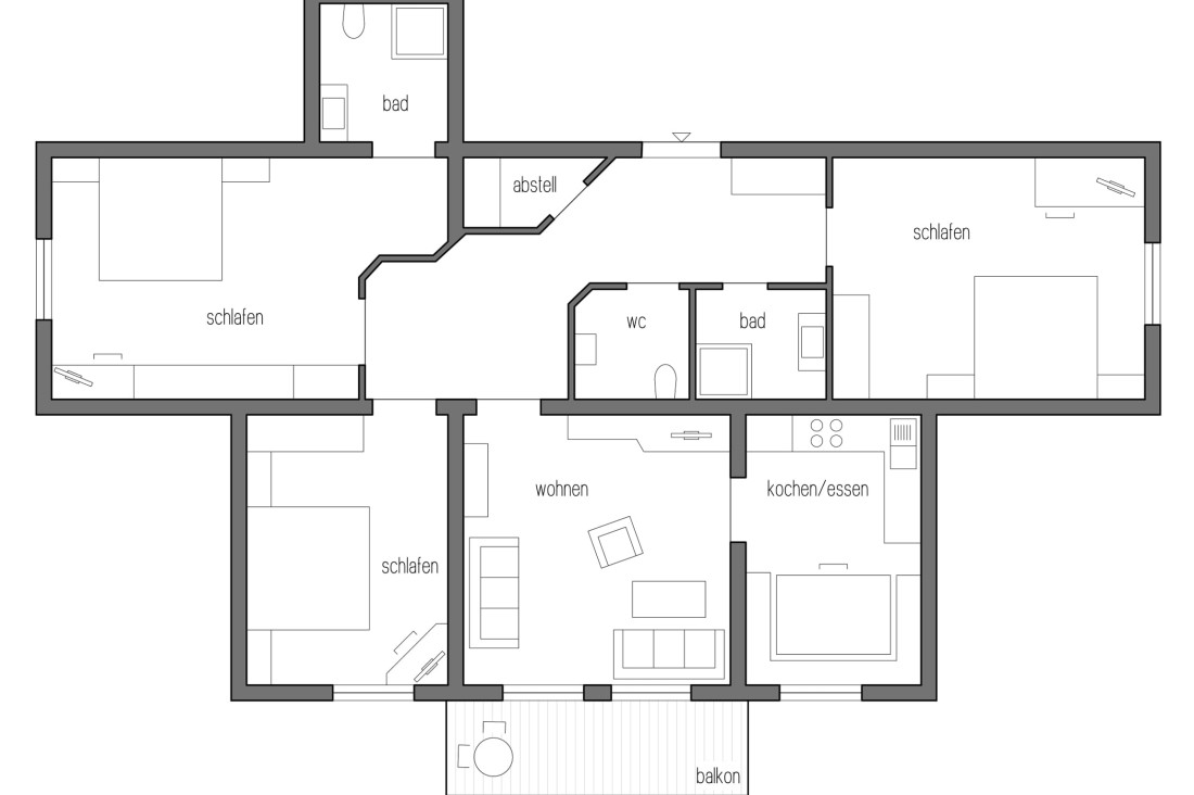 Grundriss von Appartement 4 mit drei Schlafzimmern, zwei Bädern, Wohnzimmer, Küche, WC und Balkon